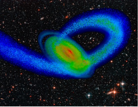 Computer simulation of the Sagittarius Dwarf galaxy impacting the Milky Way.