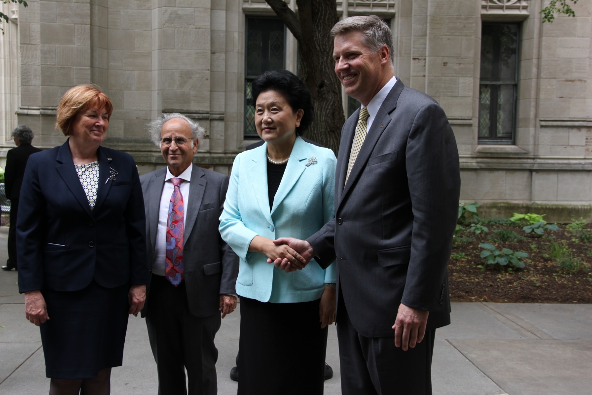 From left: Patricia E. Beeson, provost and senior vice chancellor; Arthur S. Levine, senior vice chancellor for the health sciences and John and Gertrude Petersen Dean of the School of Medicine; Madame Liu Yandong, Vice Premier of the State Council of the People’s Republic of China; and Chancellor Patrick Gallagher