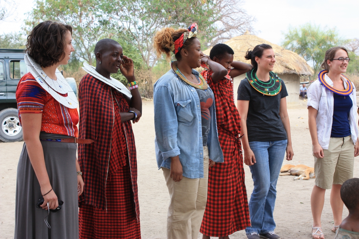 Future teachers visiting a Maasai village in Tanzania while on a Pitt study-abroad program in 2012
